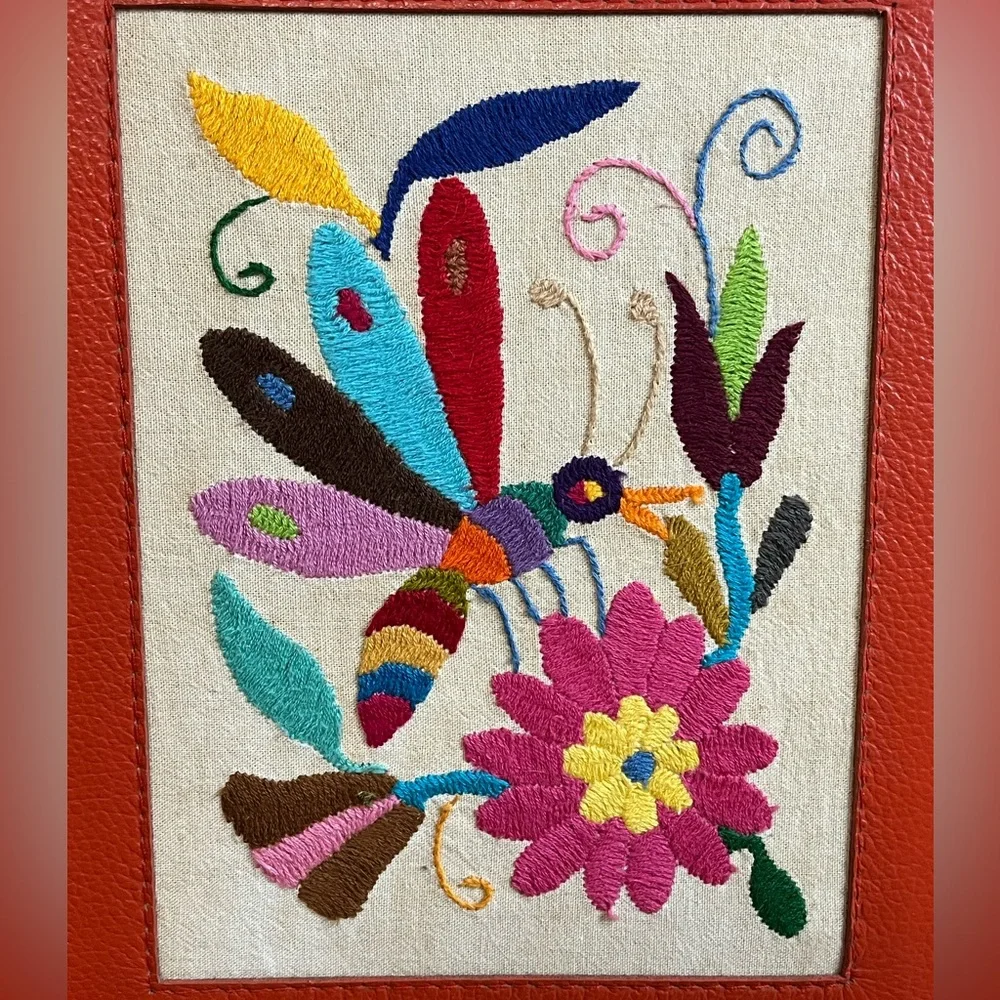 Leather Dragonfly Floral Embroidered Folder OOAK Mexico Vintage KOOK Artesanos